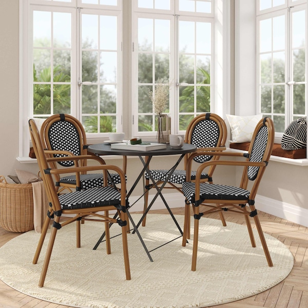 Flash Furniture Lourdes Thonet French Bistro Stacking Chair w/Arms, Blk and Wht PE Rattan and Natural Alum Frm, 4PK 4-SDA-AD642002A-BKWH-NAT-GG - main